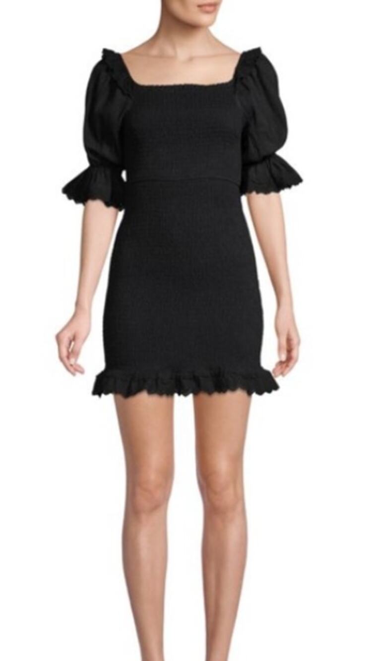 Allison New York Black Smocked Puff Sleeve Mini Dress XS Eyelet Boho LBD